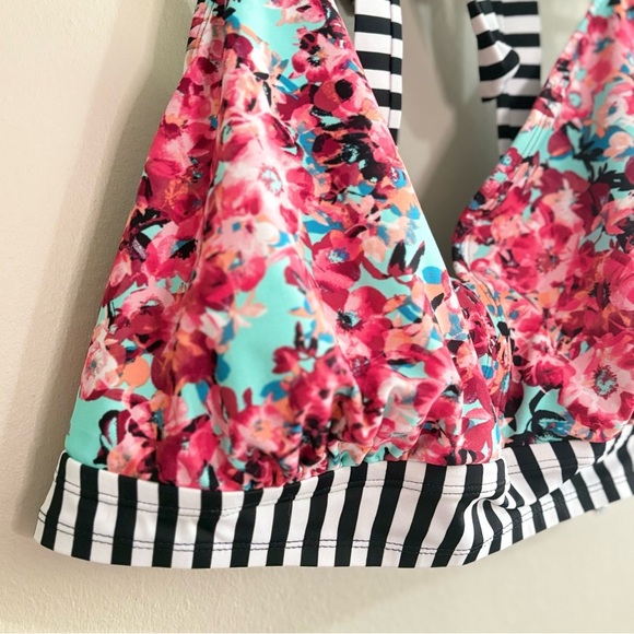 George Pink & Aqua Floral w Striped Band Plus Size Bikini Top - Picture 3 of 9